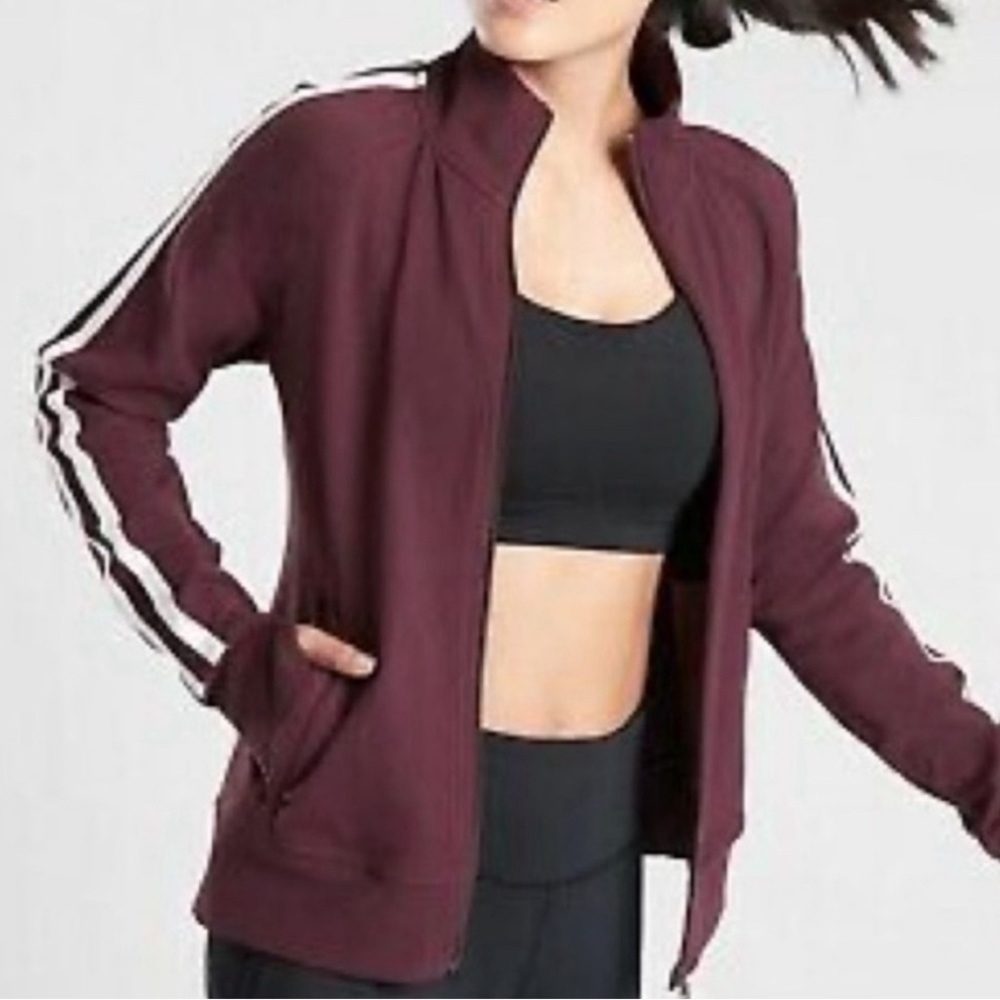 $118 Athleta Circa Track Jacket in burgundy with White Stripes.  Size S